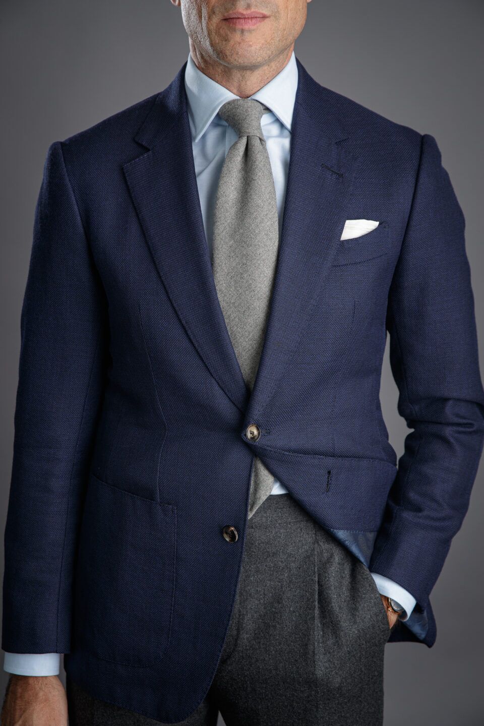 Tailored Navy Blue Hopsack Blazer – Perfect for Business Casual & Formal Looks