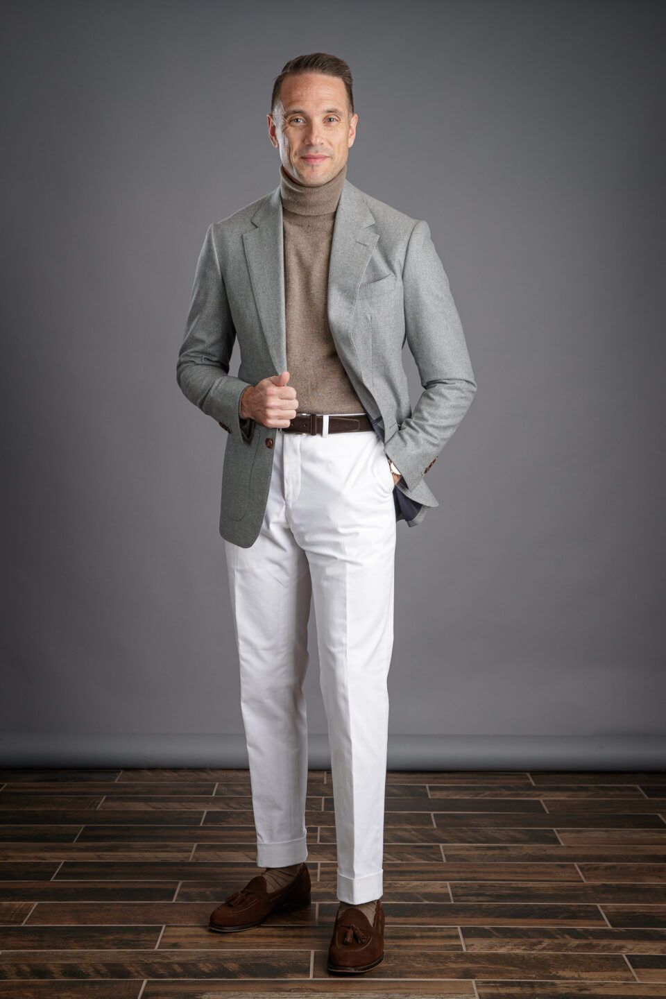 Full View of Custom-Tailored Light Grey Flannel Sport Coat