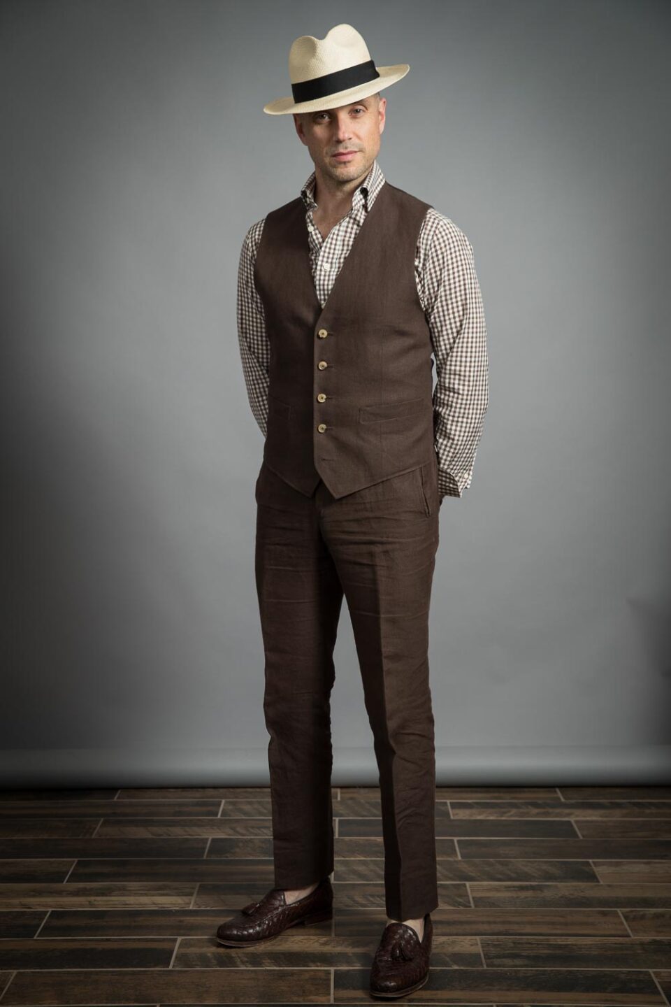 Full View of Custom-Tailored Chocolate Brown Linen Suit Vest and Pants