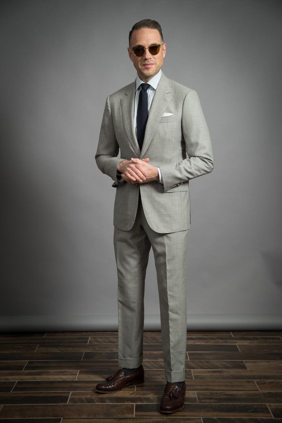 Full View of Custom-Tailored Light Gray Fresco Suit for Warm-Weather Events