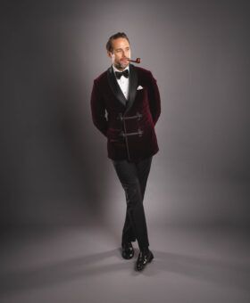 Full View of Custom-Tailored Bespoke Burgundy Velvet Smoking Jacket