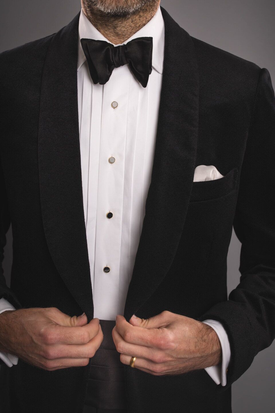 Close-Up of Black Textured Velvet Dinner Jacket – Rich Sheen & Unique Detailing