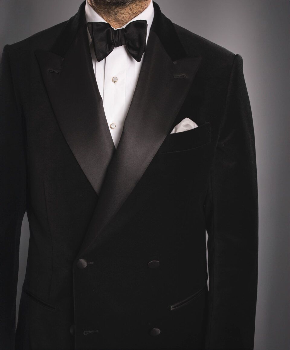 Close up of Black Velvet 4x2 Double-Breasted Dinner Jacket - He Spoke Style Shop