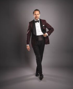 Model Wearing Burgundy Dinner Jacket – Polished & Confident Look