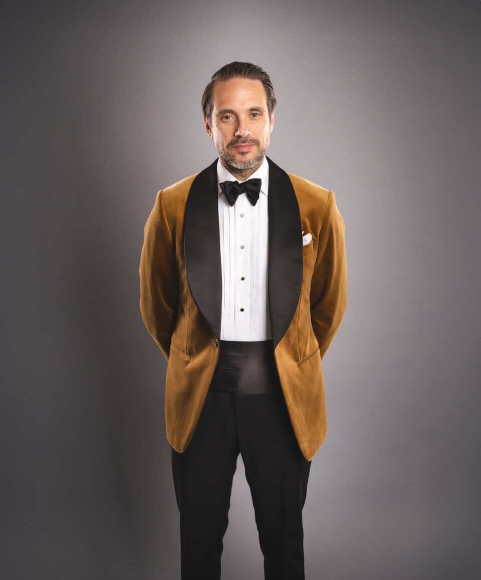 Full View of Custom-Tailored Golden Brown Velvet Dinner Jacket for Formal Occasions