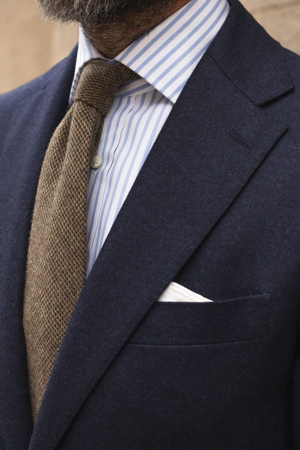 Close-Up of Navy Blue Flannel Suit – Elegant and Versatile