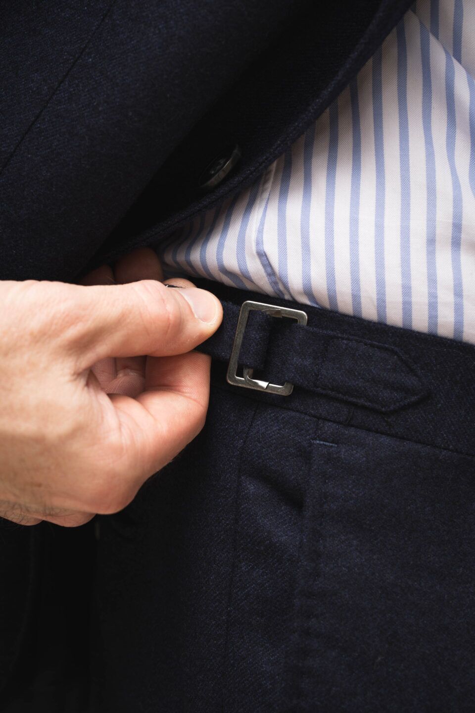 Men's Navy Blue Flannel Suit Trousers – Adjustable Side Tab Detail