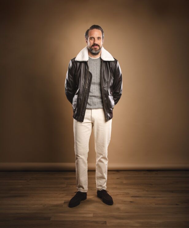 outfit idea featuring a dark brown g-1 leather bomber jacket