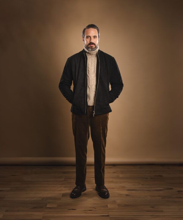 outfit idea featuring a black suede bomber jacket