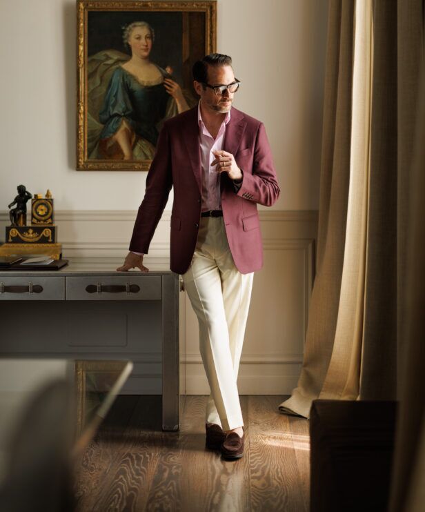 Merlot bamboo sport coat with pink shirt - technicolor theme outfit from Pitti Uomo 108