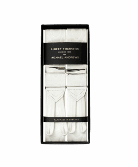 Albert Thurston White Moire Suspenders with Silver Hardware
