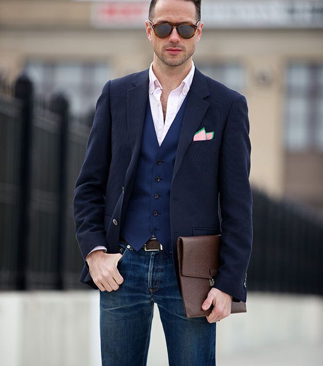 blue dress shirt with vest Paul Frederick. Brown Vest with Royal Blue Windowpane Pattern