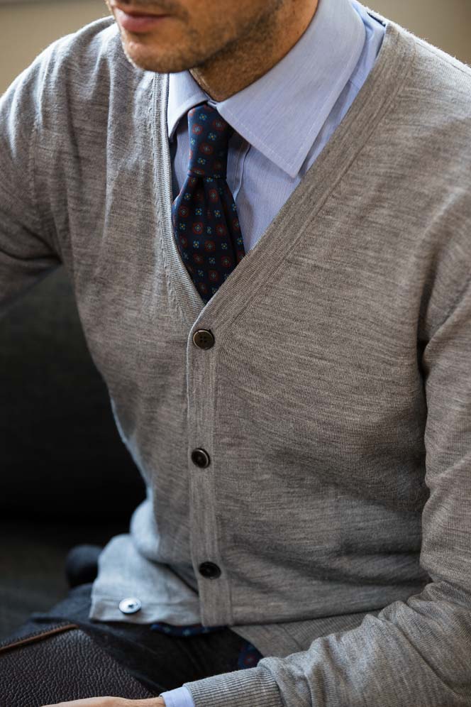 cardigan over dress shirt and tie How to Style a Cardigan with Everyday Men's Wardrobe Staples