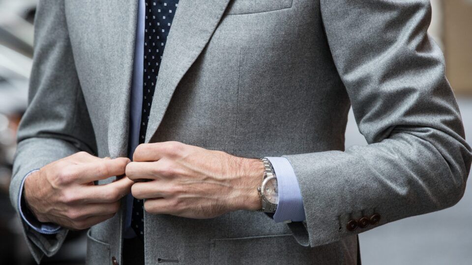 Close-Up of Light Gray Flannel Suit – Sophisticated Stitching and Detailing