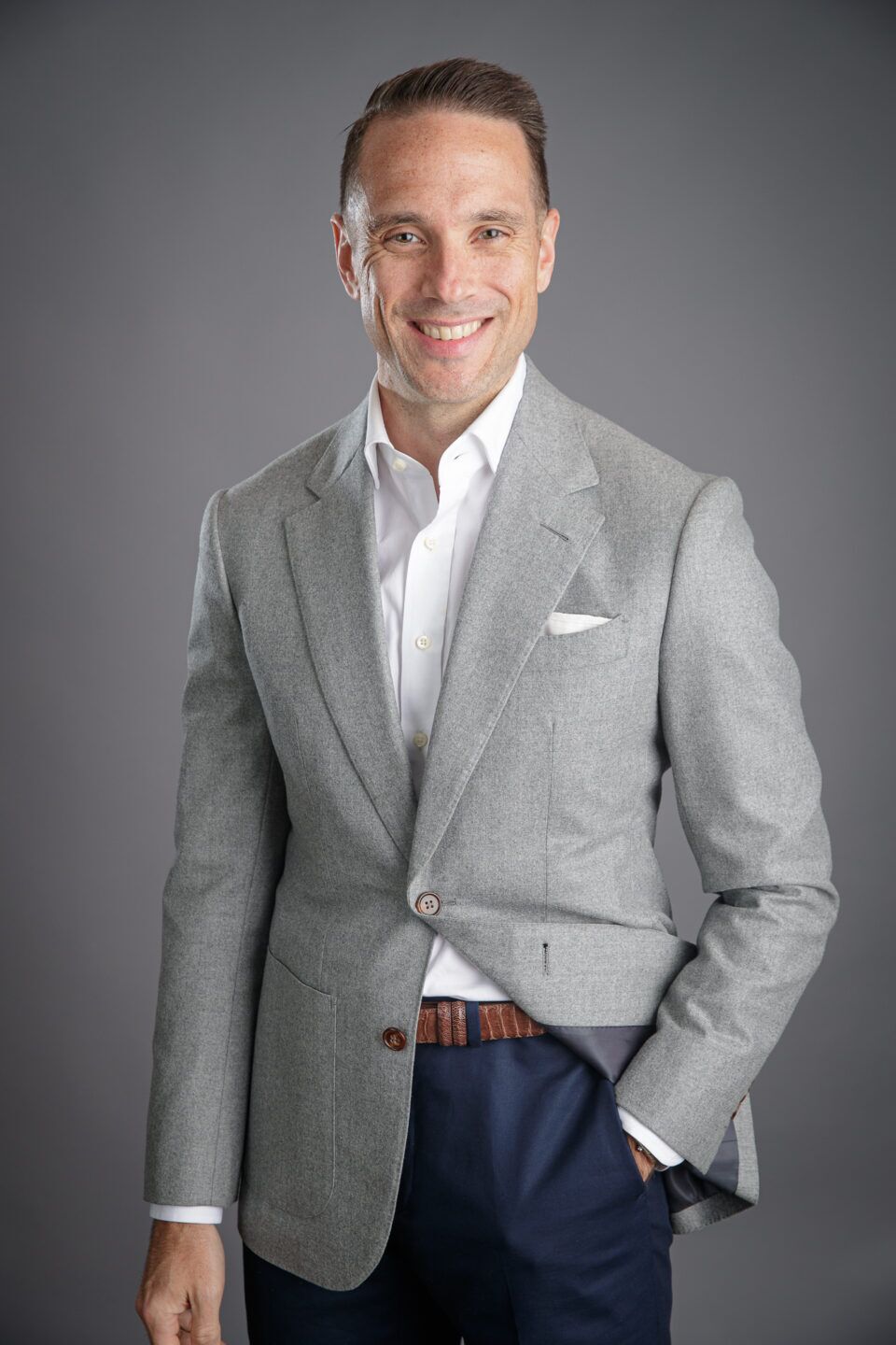 Model Wearing Light Grey Flannel Sport Coat – Polished & Comfortable Look