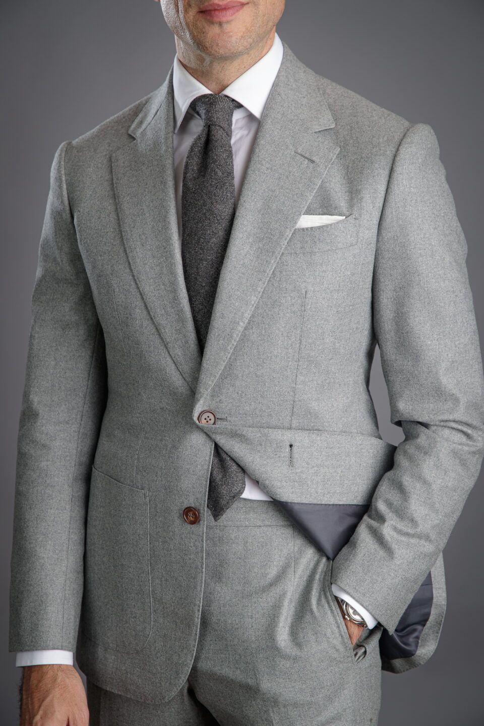 Model Wearing Light Gray Flannel Suit – Elegant and Refined Design
