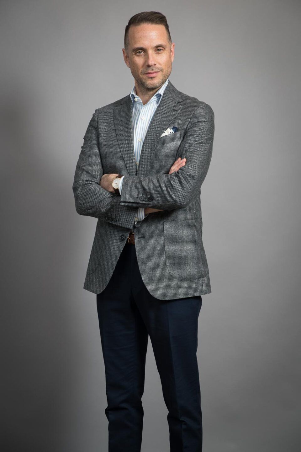 Full View of Custom-Tailored Gray and Black Puppytooth Sport Coat