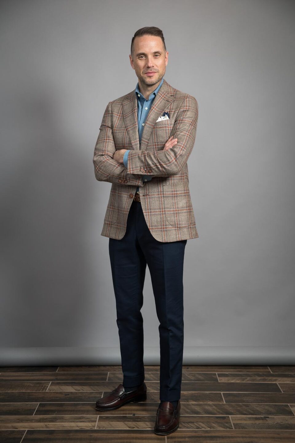 Full View of Custom-Tailored Brown Plaid Loro Piana Sport Coat