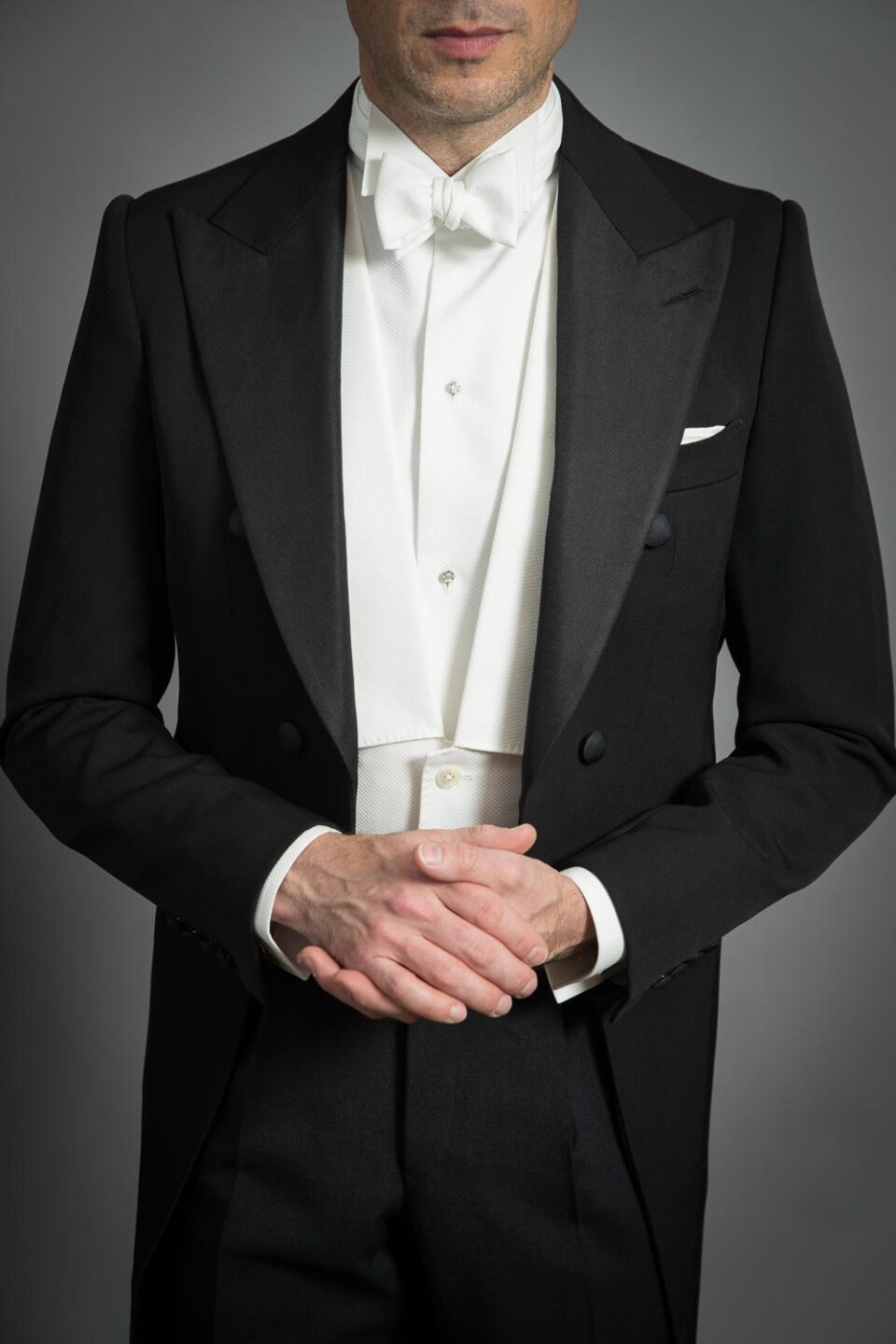 Close-Up of White Tie Tailcoat Tuxedo– Luxurious Wool & Precision Tailoring