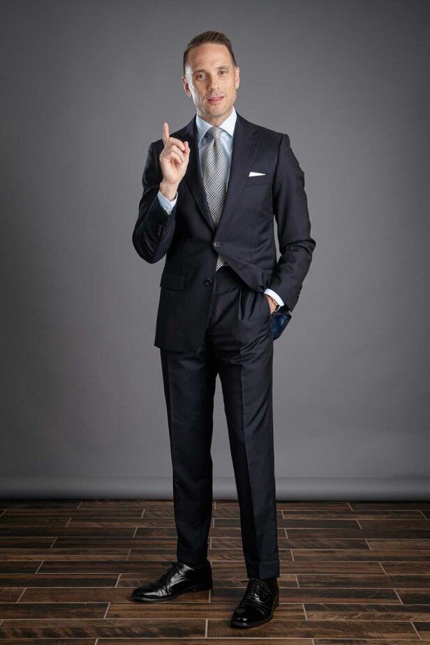 navy blue suit with black shoes