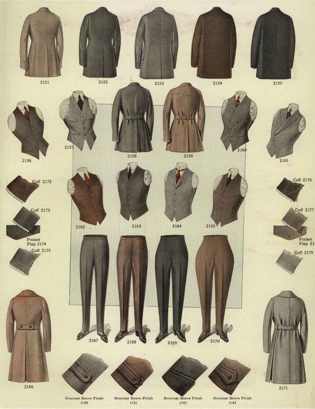 Different 1920s era vests, jackets, pants, and suits