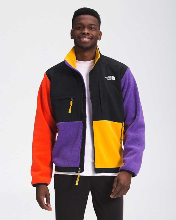 A color blocked North Face Denali polar fleece jacket