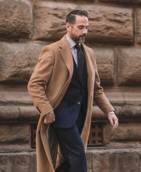 Navy flannel suit with classic chalk stripe pattern for fall and winter.