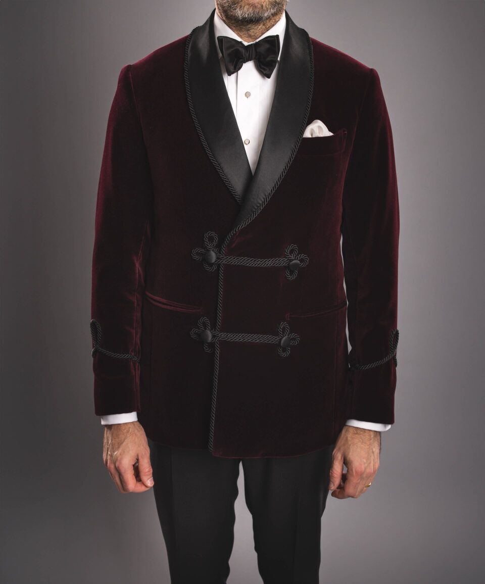 Tailored Burgundy Velvet Smoking Jacket – Perfect for Formal & Lounge Wear