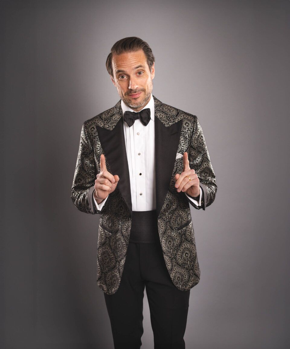 Men's Statement Black Tuxedo Jacket with Silver Jacquard Pattern – Elegant & Unique
