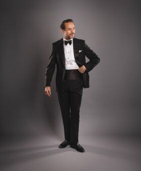 Model Wearing Black Wool Tuxedo – Sophisticated & Timeless Look