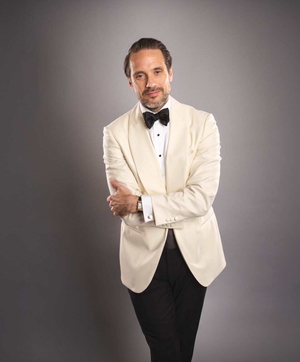 Model Wearing Ivory Dinner Jacket – Polished & Iconic Look