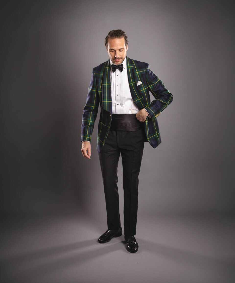Model Wearing Gordon Tartan Plaid Jacket – Polished & Stylish Holiday Look