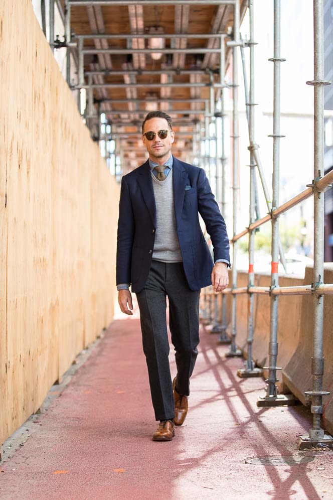 grey sweater over dress shirt Must-Have Knitwear: The V-Neck formal shirt and sweater combo