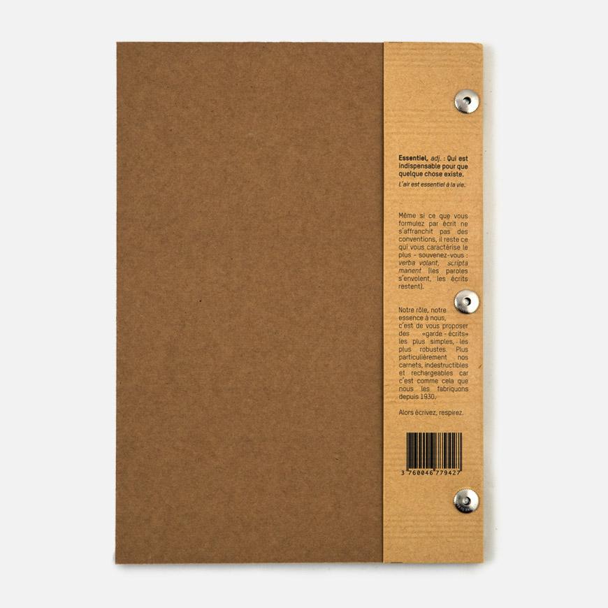 Brown kraft paper notebook with metal stud fastenings and printed French kraft band, back view