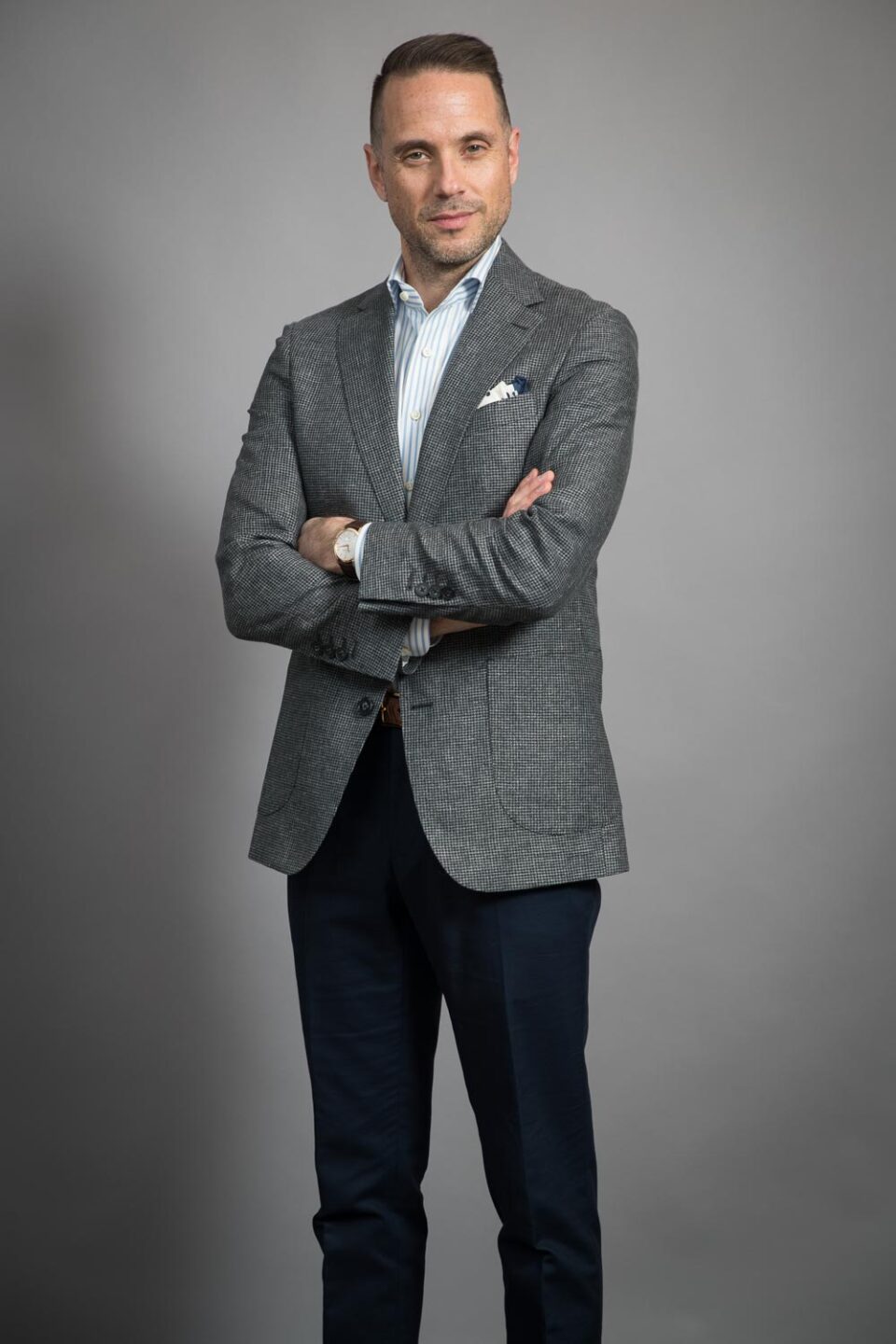 Full View of Custom-Tailored Gray and Black Puppytooth Sport Coat