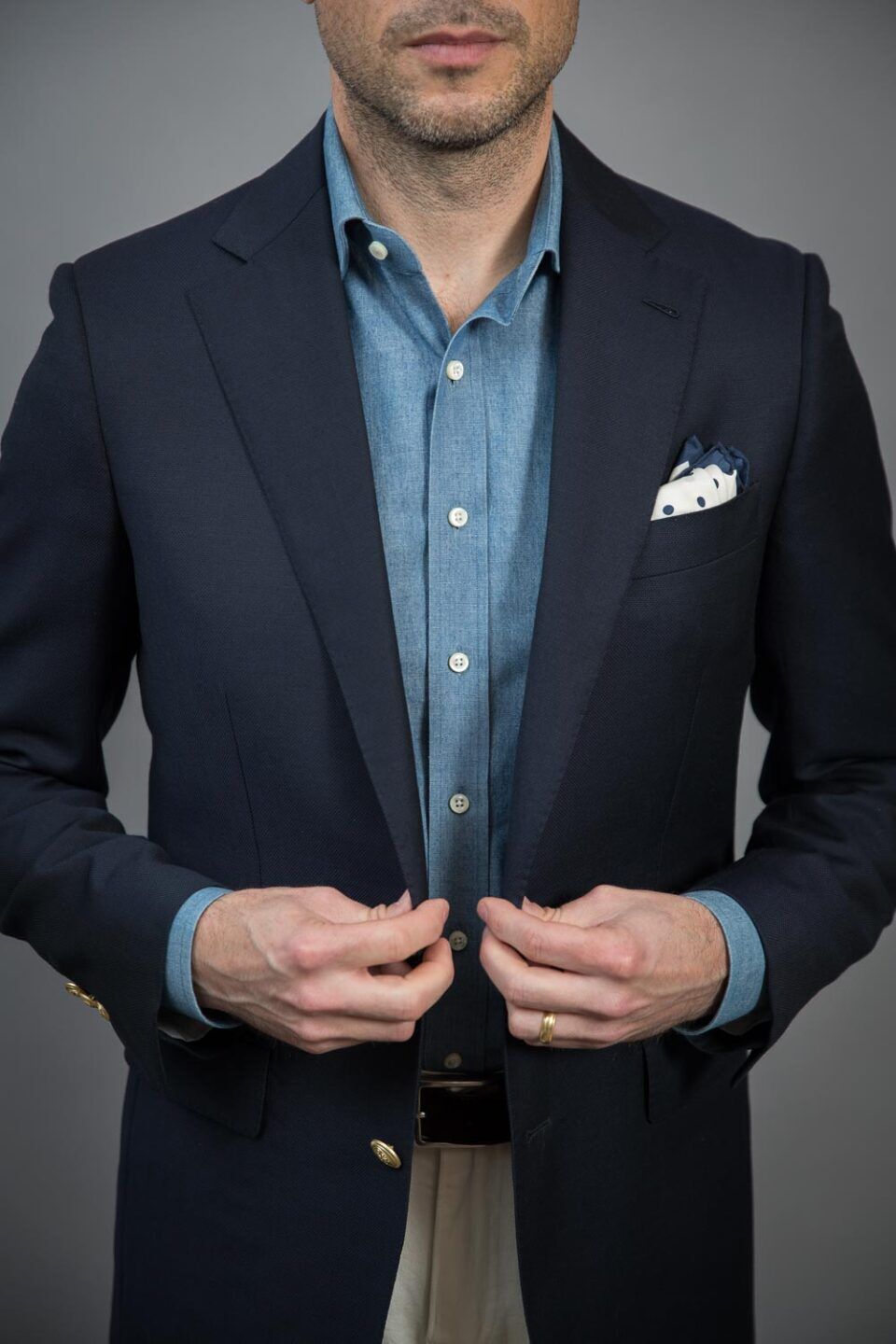 Men's Navy Wool Blazer with Brass Buttons - He Spoke Style