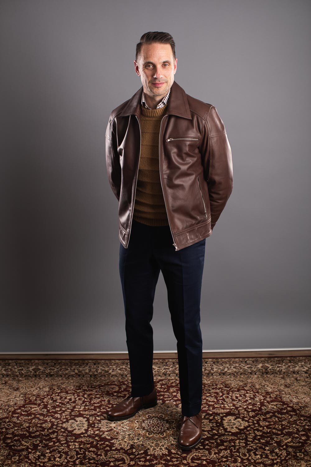 A Simple Brown Leather Jacket Outfit Idea | He Spoke Style