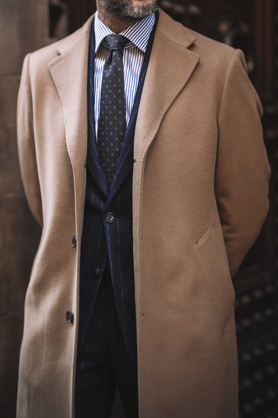 Model Wearing Navy Chalk Stripe Flannel Suit – Elegant and Timeless Style