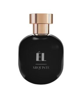 Black glass eau de parfum bottle with rose gold cap, labelled ÉL, product shot on white