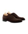 Dark brown suede cap toe oxfords with dark soles and cedar shoe trees, angled product view
