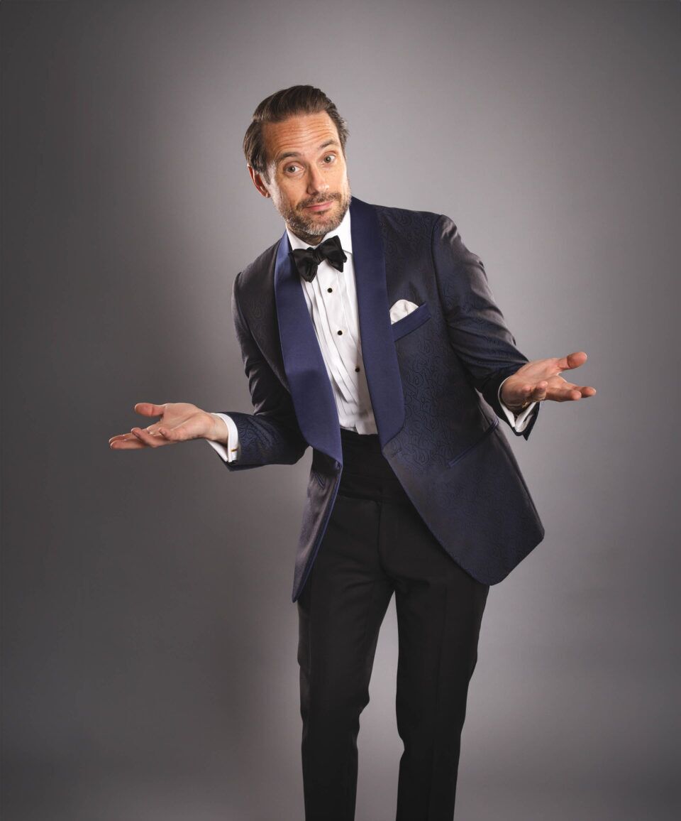 Tailored Blue & Black Jacquard Dinner Jacket – Perfect for Creative Black-Tie Events