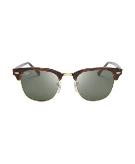 Tortoise and gold browline sunglasses with green lenses, front view flat lay