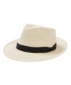 Ivory woven straw Panama hat with black grosgrain band and snap brim, product shot