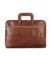 Brown leather slim briefcase with brass zip and top handles, front product view