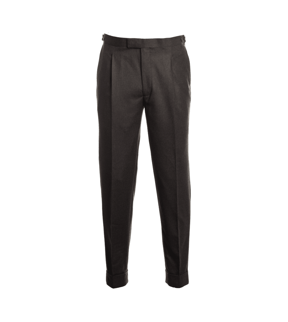 Brown flannel pleated trousers with side tab adjusters and cuffed hems, flat lay