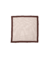 Ivory silk pocket square with brown and tan geometric medallion print and brown border, flat lay