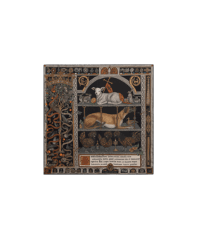 Black and rust silk twill scarf with illuminated manuscript print of a lamb, hound and hens, flat lay