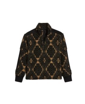 Black and tan diamond-pattern sherpa fleece half-zip pullover with ribbed cuffs, flat lay
