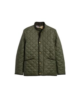 Olive diamond-quilted nylon jacket with corduroy stand collar and brass snap front, flat lay