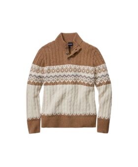 Camel and cream Fair Isle cable-knit popover sweater with three-button mock neck, flat lay